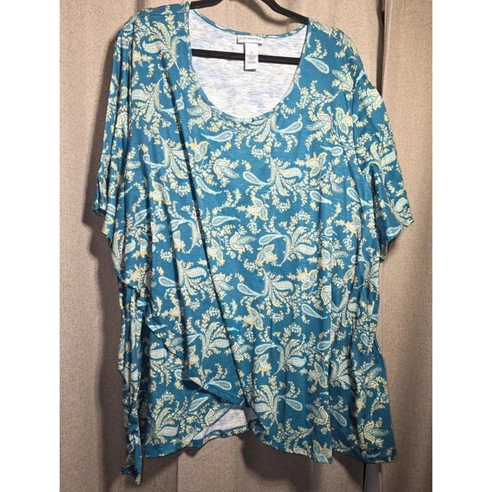 Catherines Womens 3X Teal Blue Paisley Short Sleeve Draped Tulip Hem Blouse Top